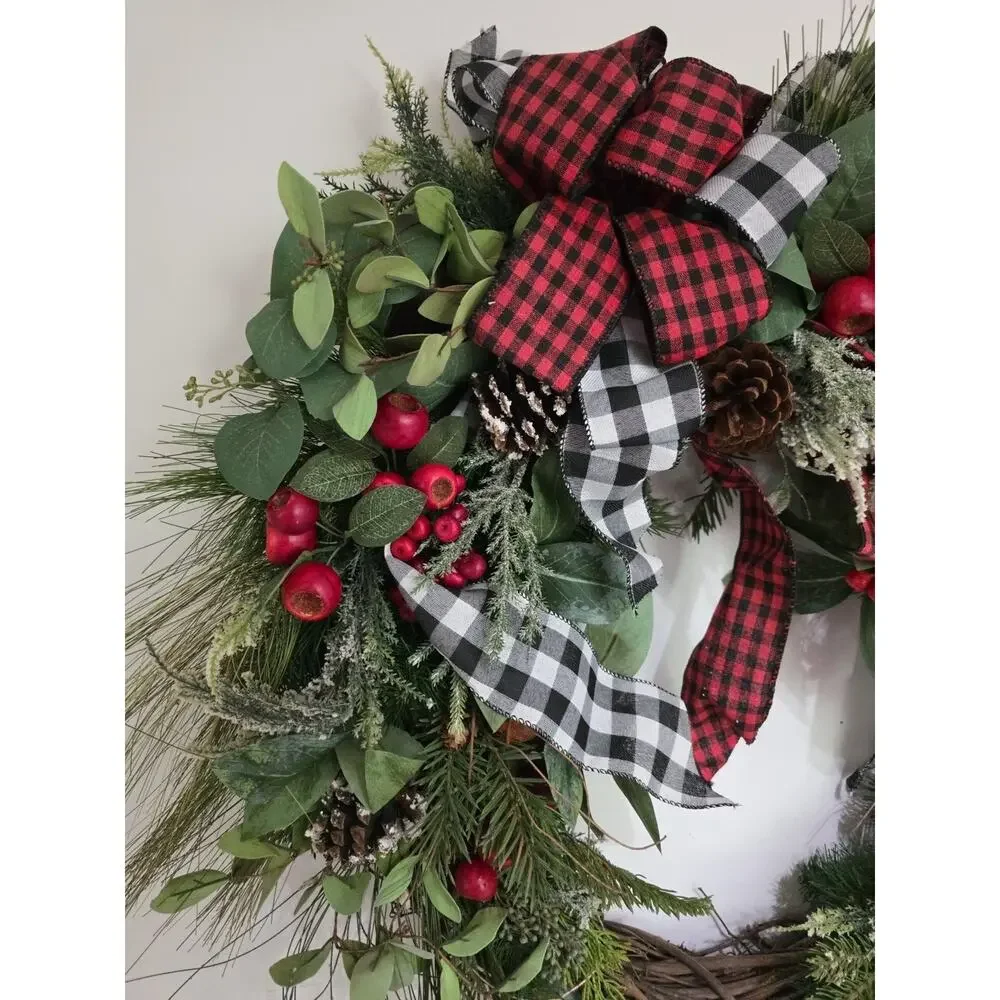 Handmade Buffalo Plaid Farmhouse Christmas Wreath Bells Berries Pinecones